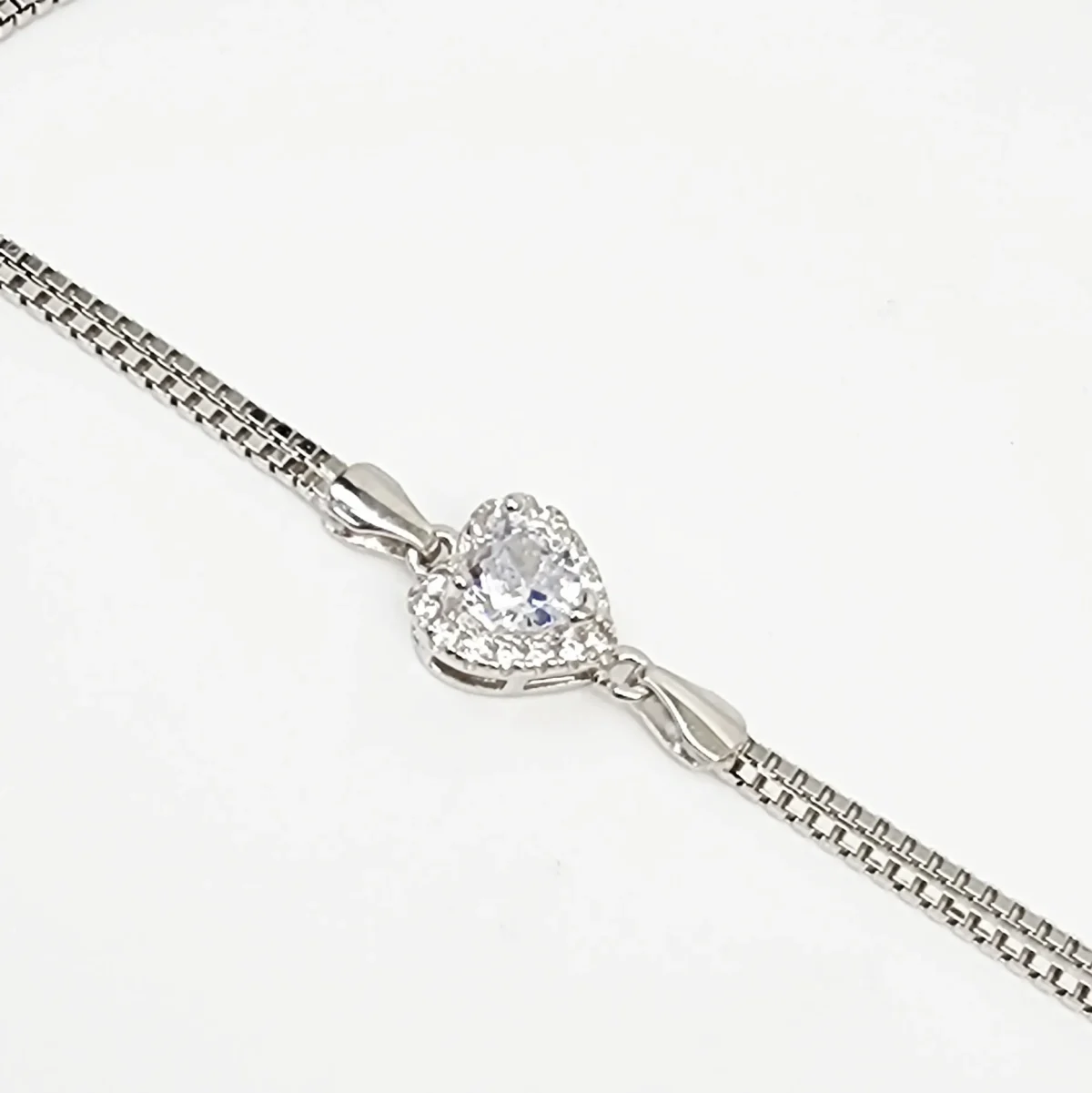 Sterling Silver Heart Shape Cubic Zirconia Set Double Box Chain Link Bracelet 16cm + 3cm - SSCZB04