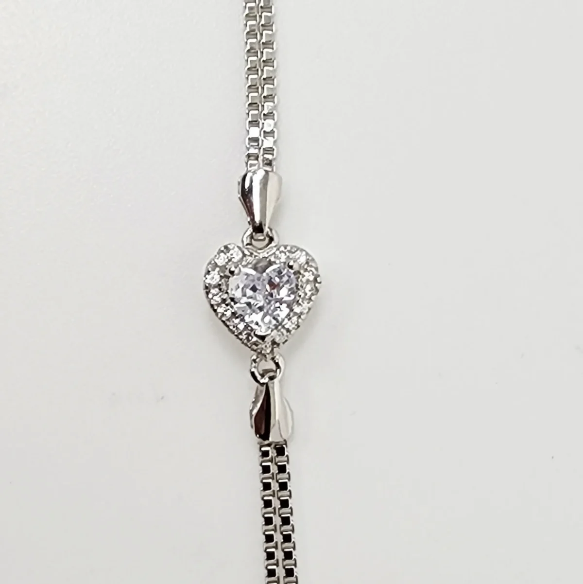 Sterling Silver Heart Shape Cubic Zirconia Set Double Box Chain Link Bracelet 16cm + 3cm - SSCZB04