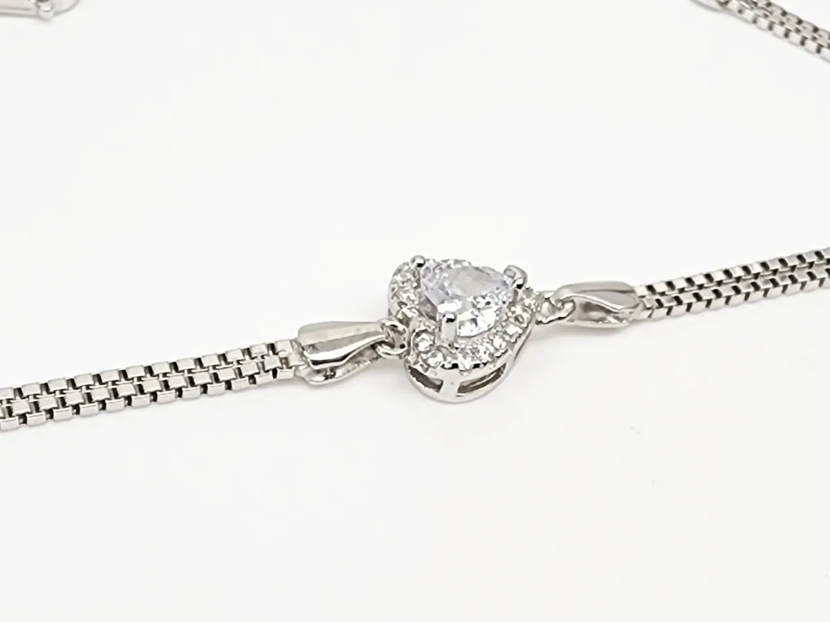 Sterling Silver Heart Shape Cubic Zirconia Set Double Box Chain Link Bracelet 16cm + 3cm - SSCZB04