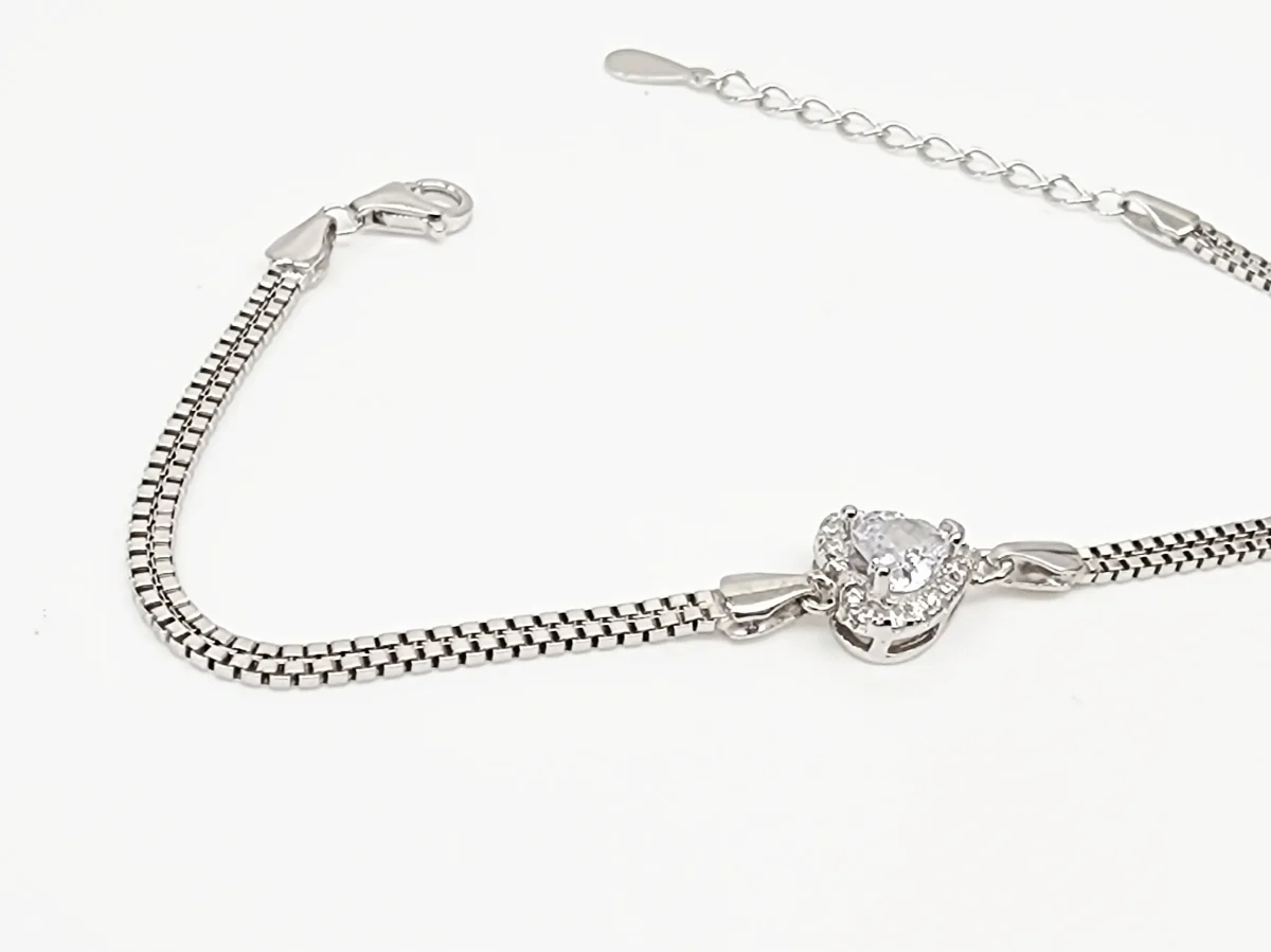 Sterling Silver Heart Shape Cubic Zirconia Set Double Box Chain Link Bracelet 16cm + 3cm - SSCZB04