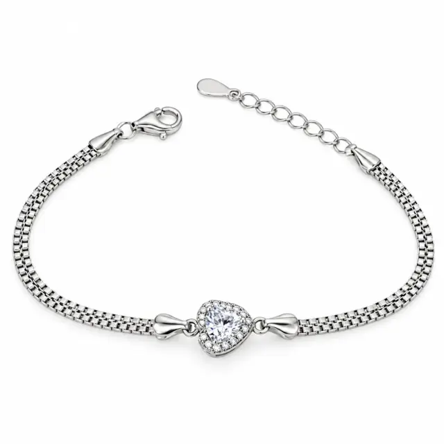Sterling Silver Heart Shape Cubic Zirconia Set Double Box Chain Link Bracelet 16cm + 3cm - SSCZB04