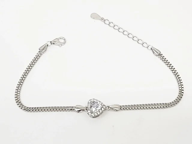 Sterling Silver Heart Shape Cubic Zirconia Set Double Box Chain Link Bracelet 16cm + 3cm - SSCZB04