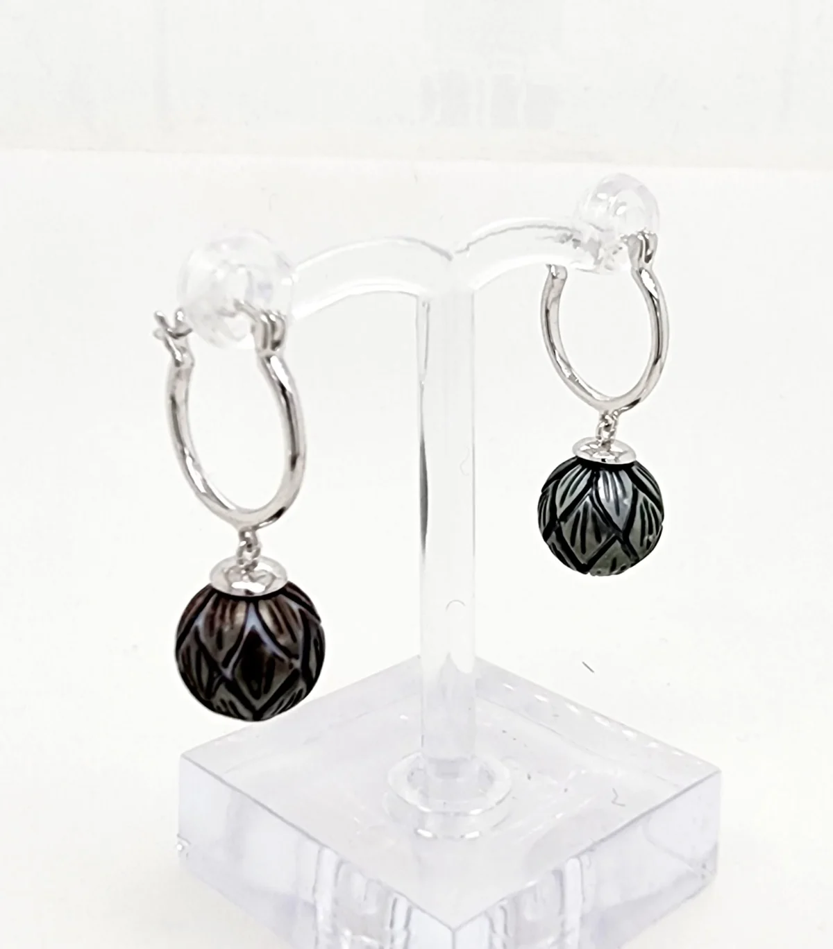 Sterling Silver Hoop Earrings with 10mm-11.00mm Hand Carved Round Tahitian Black Pearls