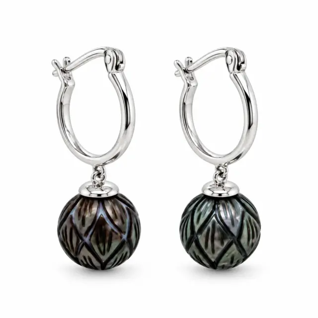 Sterling Silver Hoop Earrings with 10mm-11.00mm Hand Carved Round Tahitian Black Pearls