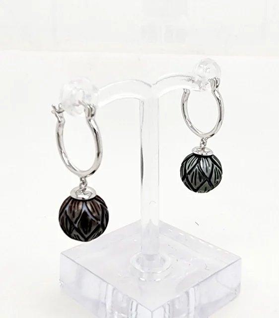 Sterling Silver Hoop Earrings with 10mm-11.00mm Hand Carved Round Tahitian Black Pearls