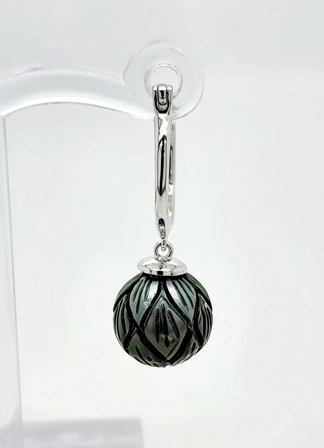 Sterling Silver Hoop Earrings with 10mm-11.00mm Hand Carved Round Tahitian Black Pearls
