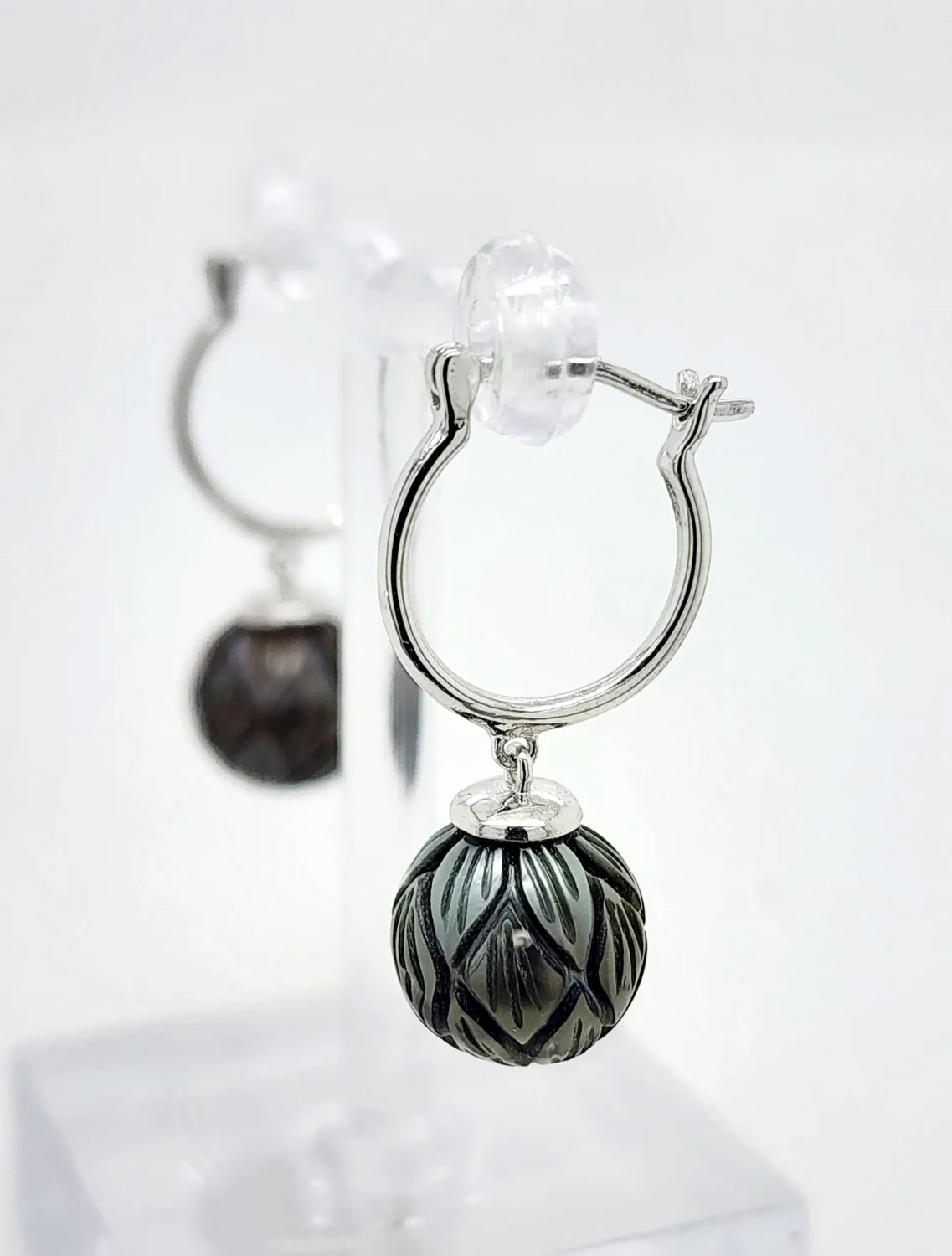 Sterling Silver Hoop Earrings with 10mm-11.00mm Hand Carved Round Tahitian Black Pearls
