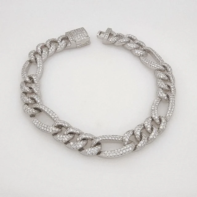 Sterling Silver Iced Figaro Link Bracelet 20cm - LX-BL0109