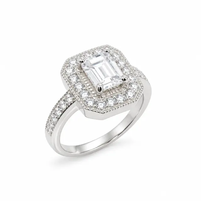 Sterling Silver Ladies Emerald Cut Halo Cubic Zirconia Engagement Ring