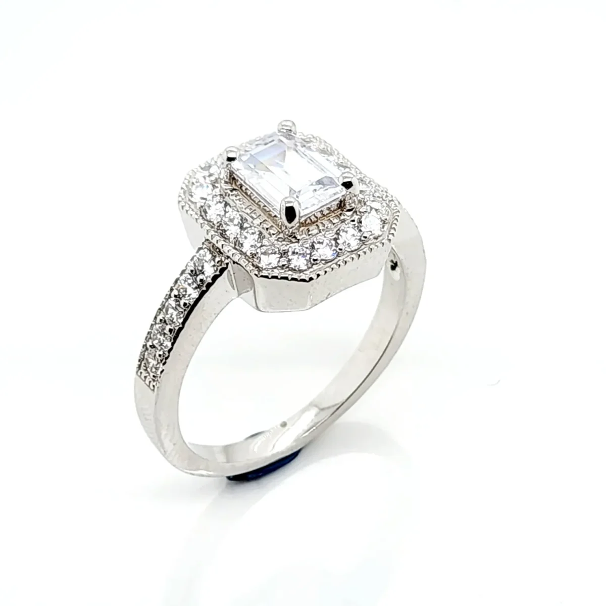 Sterling Silver Ladies Emerald Cut Halo Cublic Zirconia Engagement Ring