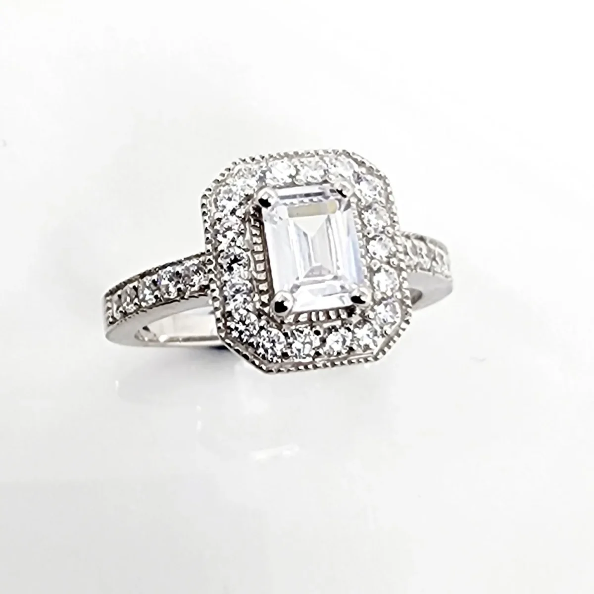 Sterling Silver Ladies Emerald Cut Halo Cublic Zirconia Engagement Ring