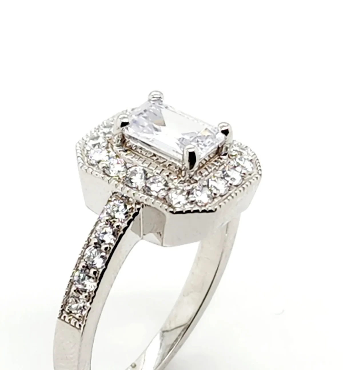 Sterling Silver Ladies Emerald Cut Halo Cublic Zirconia Engagement Ring