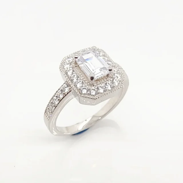Sterling Silver Ladies Emerald Cut Halo Cublic Zirconia Engagement Ring