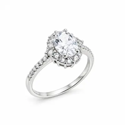 Sterling Silver Ladies Oval Cut Halo Cubic Zirconia Engagement Ring