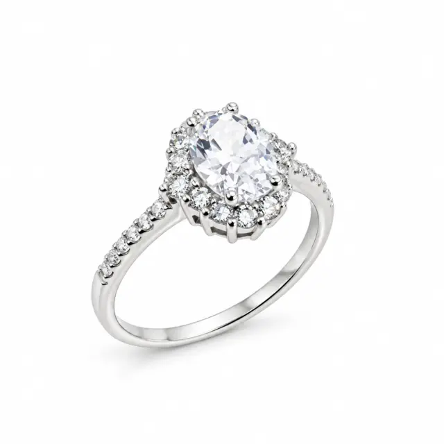 Sterling Silver Ladies Oval Cut Halo Cubic Zirconia Engagement Ring