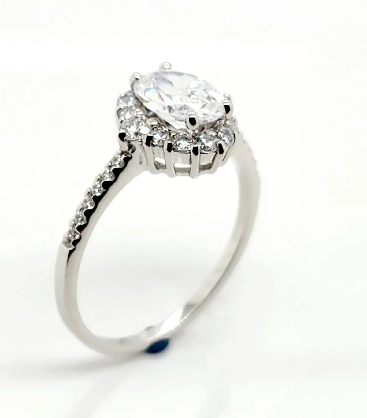 Sterling Silver Ladies Oval Cut Halo Cubic Zirconia Engagement Ring