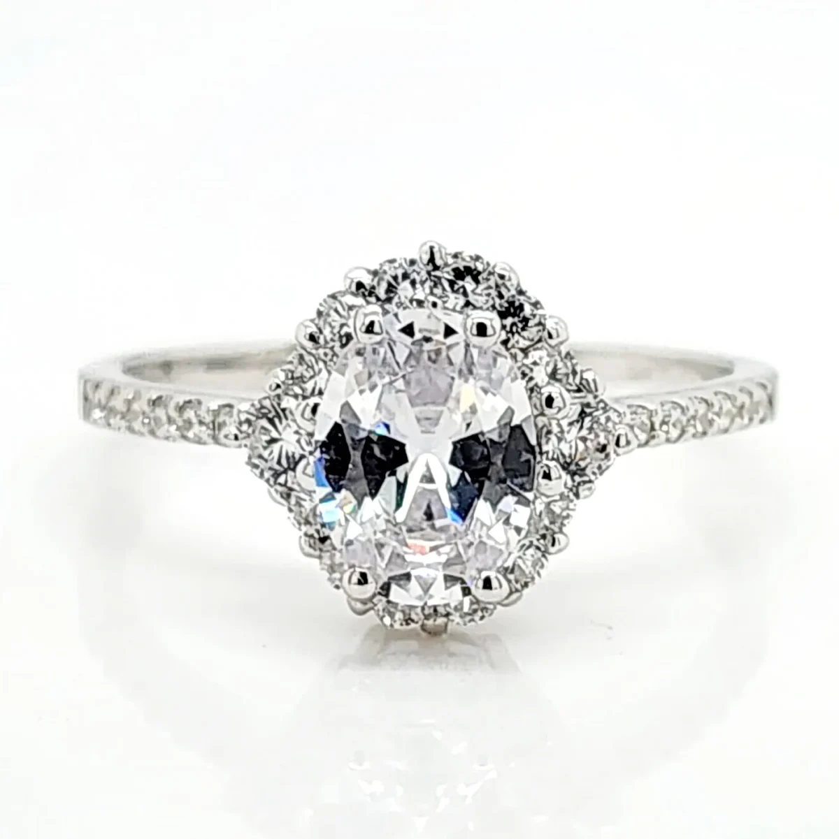 Sterling Silver Ladies Oval Cut Halo Cubic Zirconia Engagement Ring