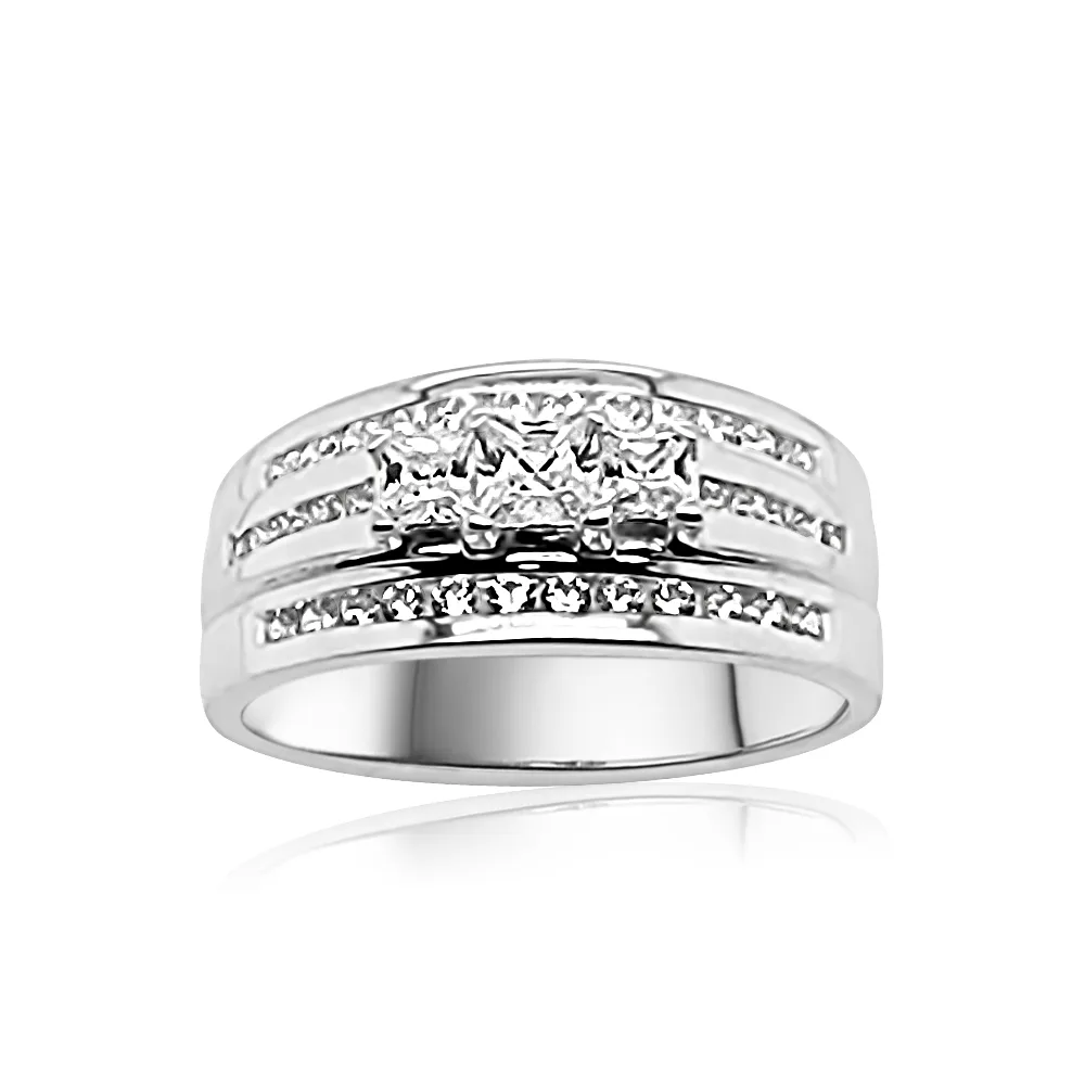 Sterling Silver Ladies Princess-Cut Three Stone Triple Row CZ Engagement / Dress Ring