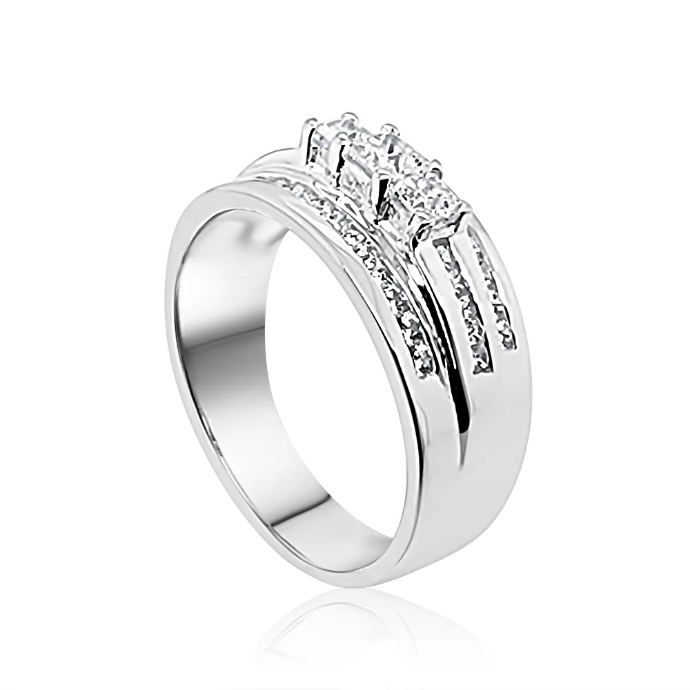 Sterling Silver Ladies Princess-Cut Three Stone Triple Row CZ Engagement / Dress Ring