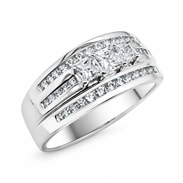 Sterling Silver Ladies Princess-Cut Three Stone Triple Row CZ Engagement / Dress Ring