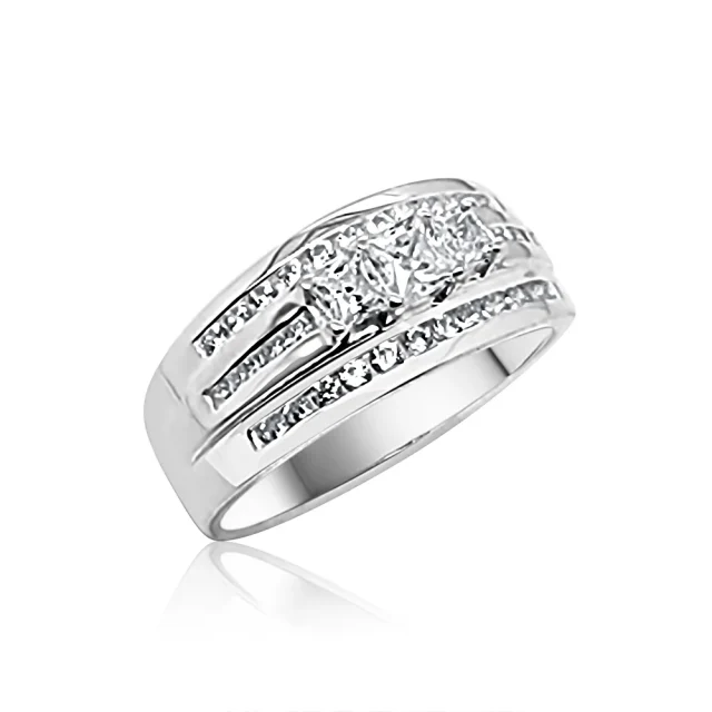 Sterling Silver Ladies Princess-Cut Three Stone Triple Row CZ Engagement / Dress Ring