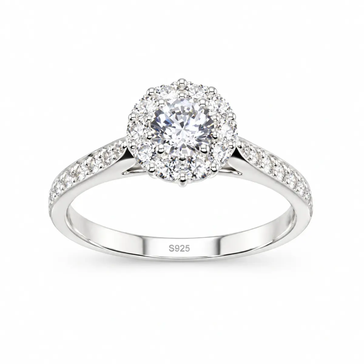 Sterling Silver Ladies Round Cut Halo Cubic Zirconia Engagement Ring