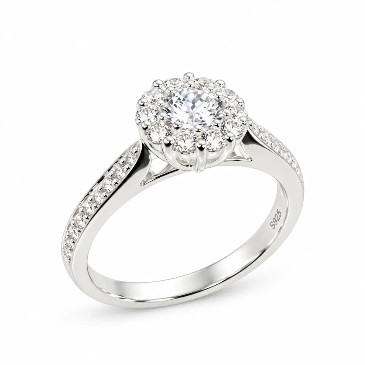 Sterling Silver Ladies Round Cut Halo Cubic Zirconia Engagement Ring