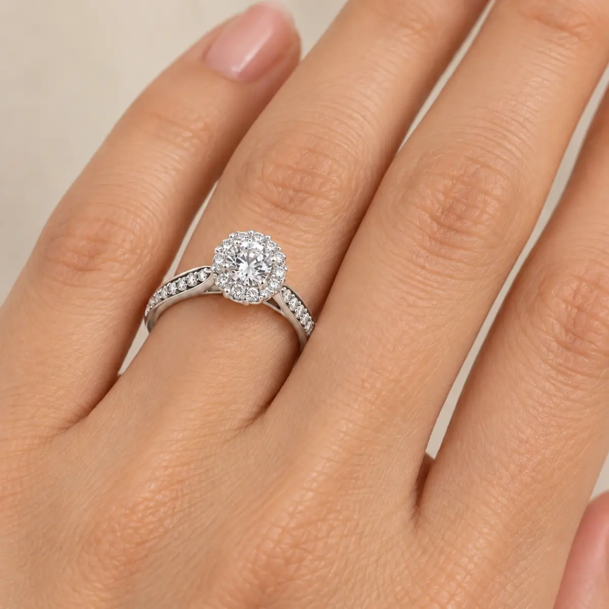 Sterling Silver Ladies Round Cut Halo Cubic Zirconia Engagement Ring