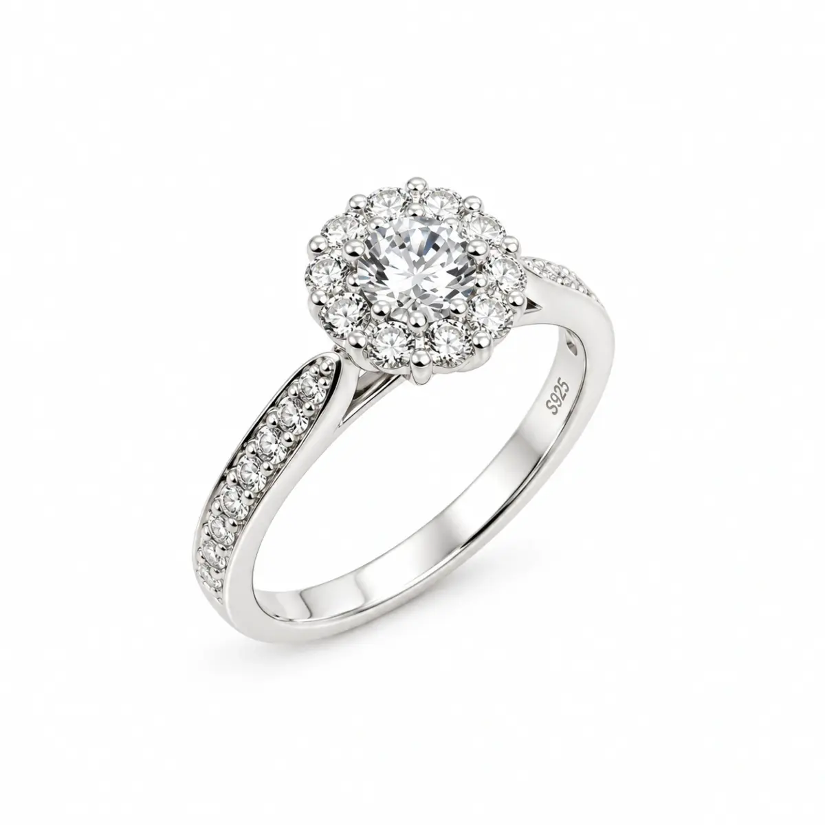 Sterling Silver Ladies Round Cut Halo Cubic Zirconia Engagement Ring