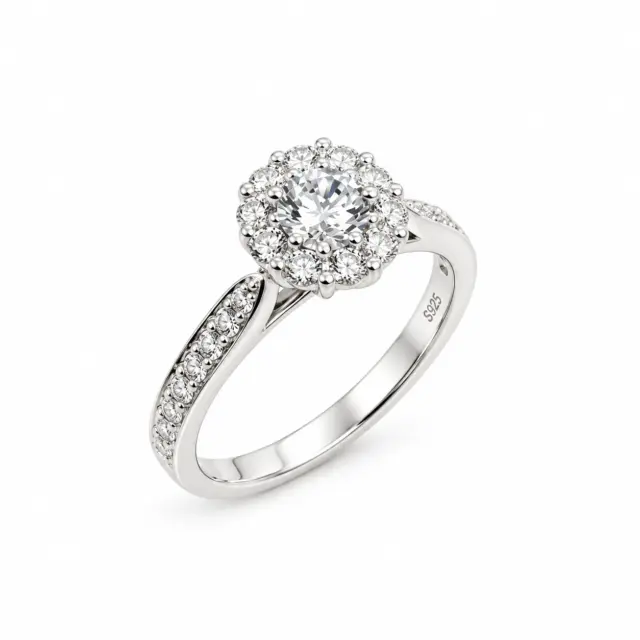 Sterling Silver Ladies Round Cut Halo Cubic Zirconia Engagement Ring
