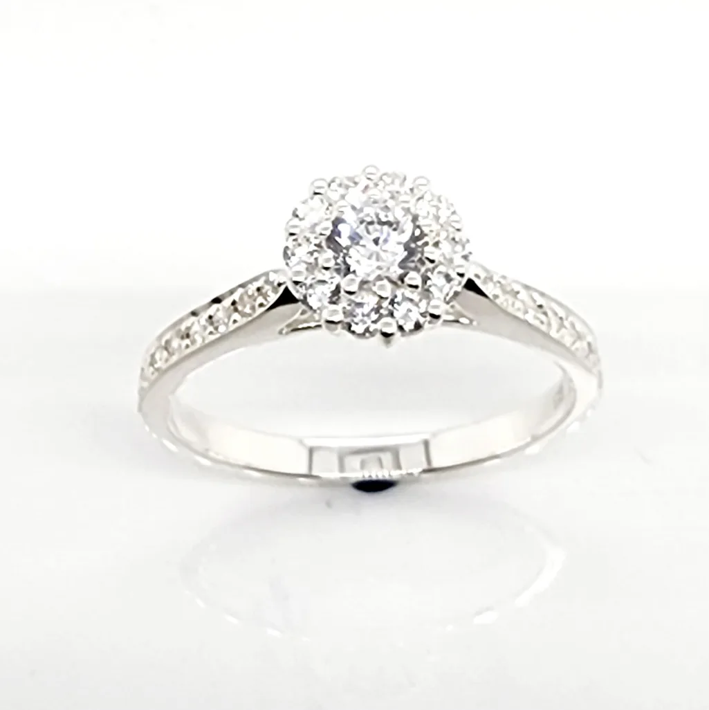 Sterling Silver Ladies Round Cut Halo Cubic Zirconia Engagement Ring