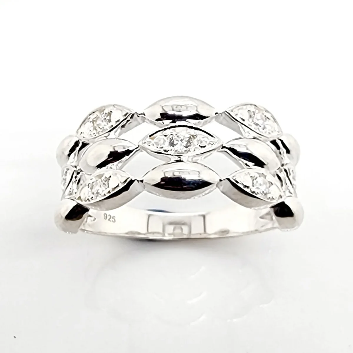 Sterling Silver Ladies Triple Row Cubic Zirconia Setting Dress Ring