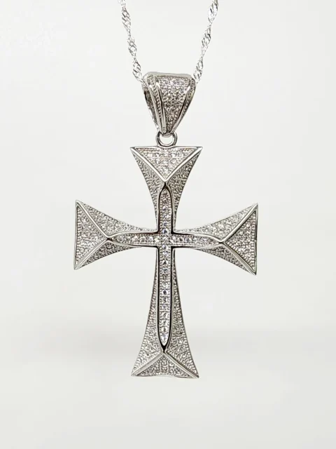 Sterling Silver Large Full Cubic Zirconia Set Cross Pendant - P00942