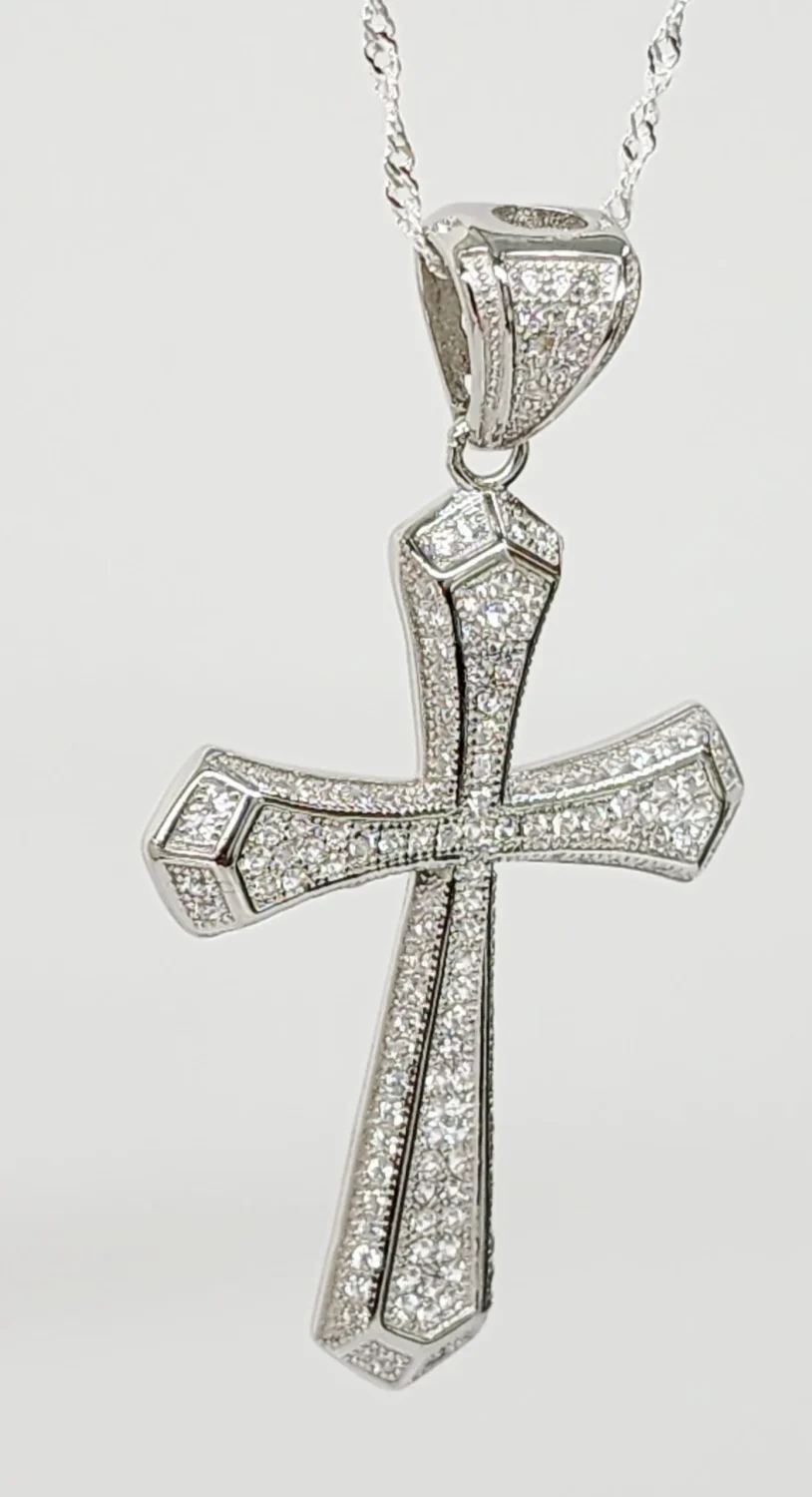 Sterling Silver Large Full Cubic Zirconia Set Cross Pendant - P00943
