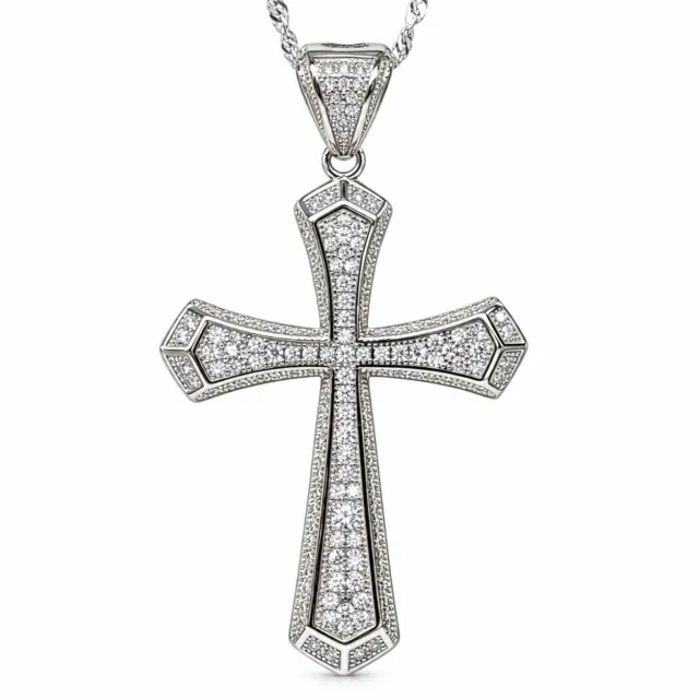 Sterling Silver Large Full Cubic Zirconia Set Cross Pendant - P00943
