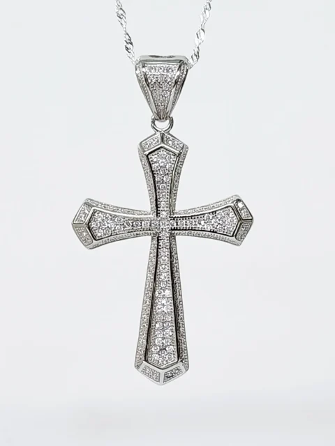 Sterling Silver Large Full Cubic Zirconia Set Cross Pendant - P00943