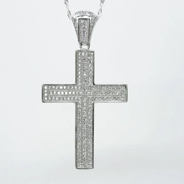Sterling Silver Large Full Cubic Zirconia Set Cross Pendant - P00963