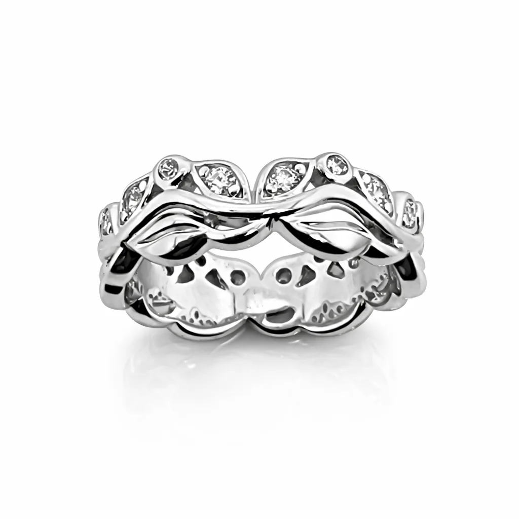 Sterling Silver Leaf Design Ring with Round Cut Cubic Zirconia – Vine Style CZ Band - PT1639