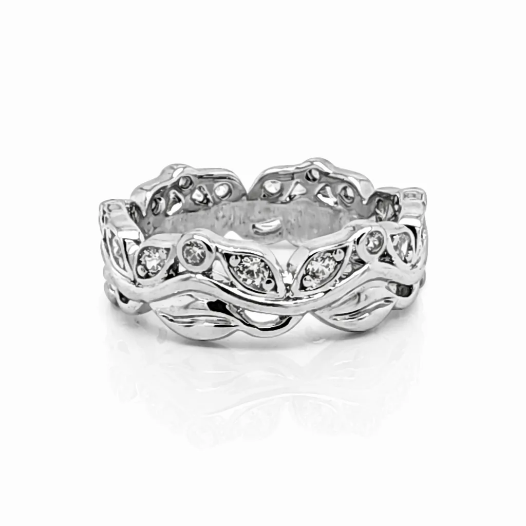 Sterling Silver Leaf Design Ring with Round Cut Cubic Zirconia – Vine Style CZ Band - PT1639