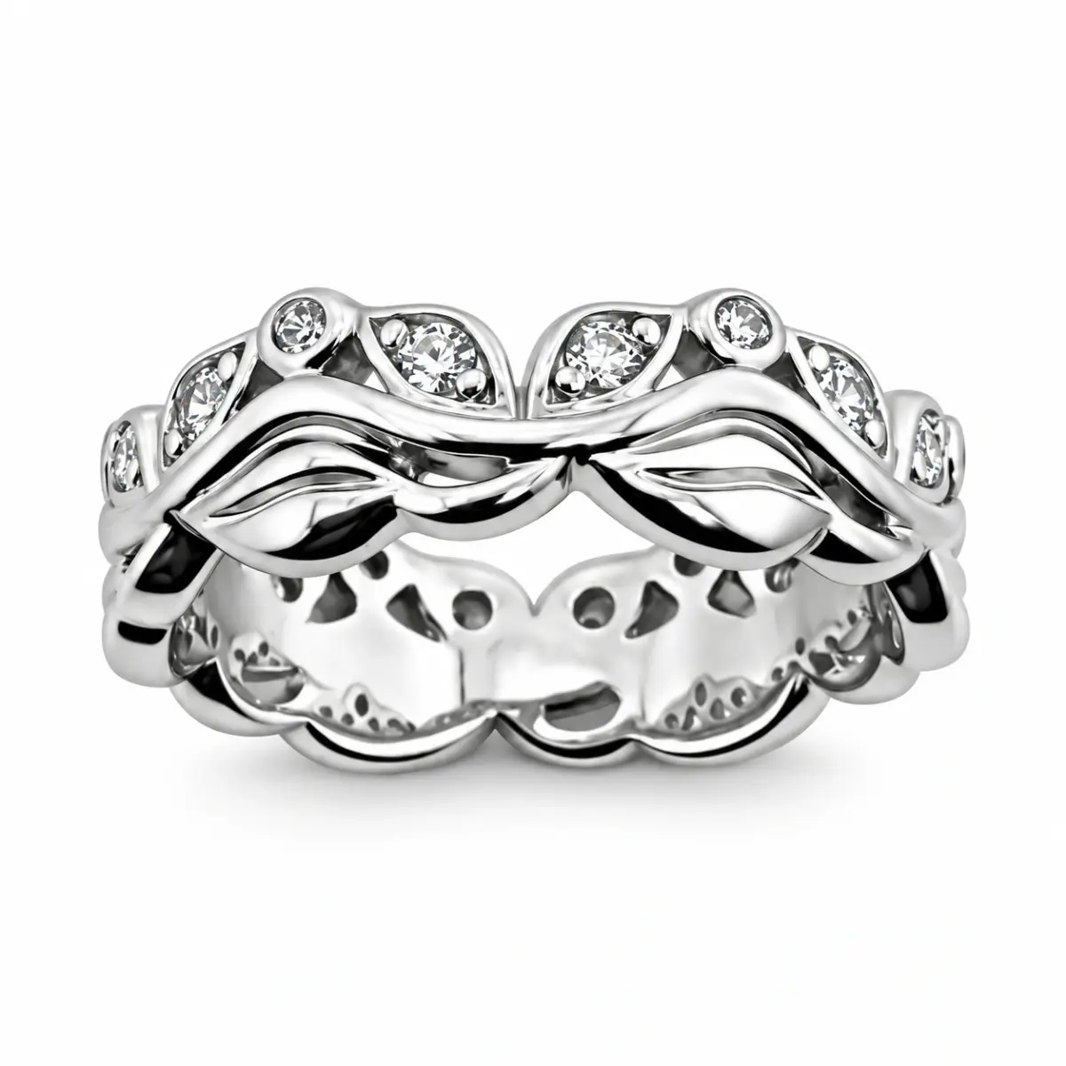 Sterling Silver Leaf Design Ring with Round Cut Cubic Zirconia – Vine Style CZ Band - PT1639