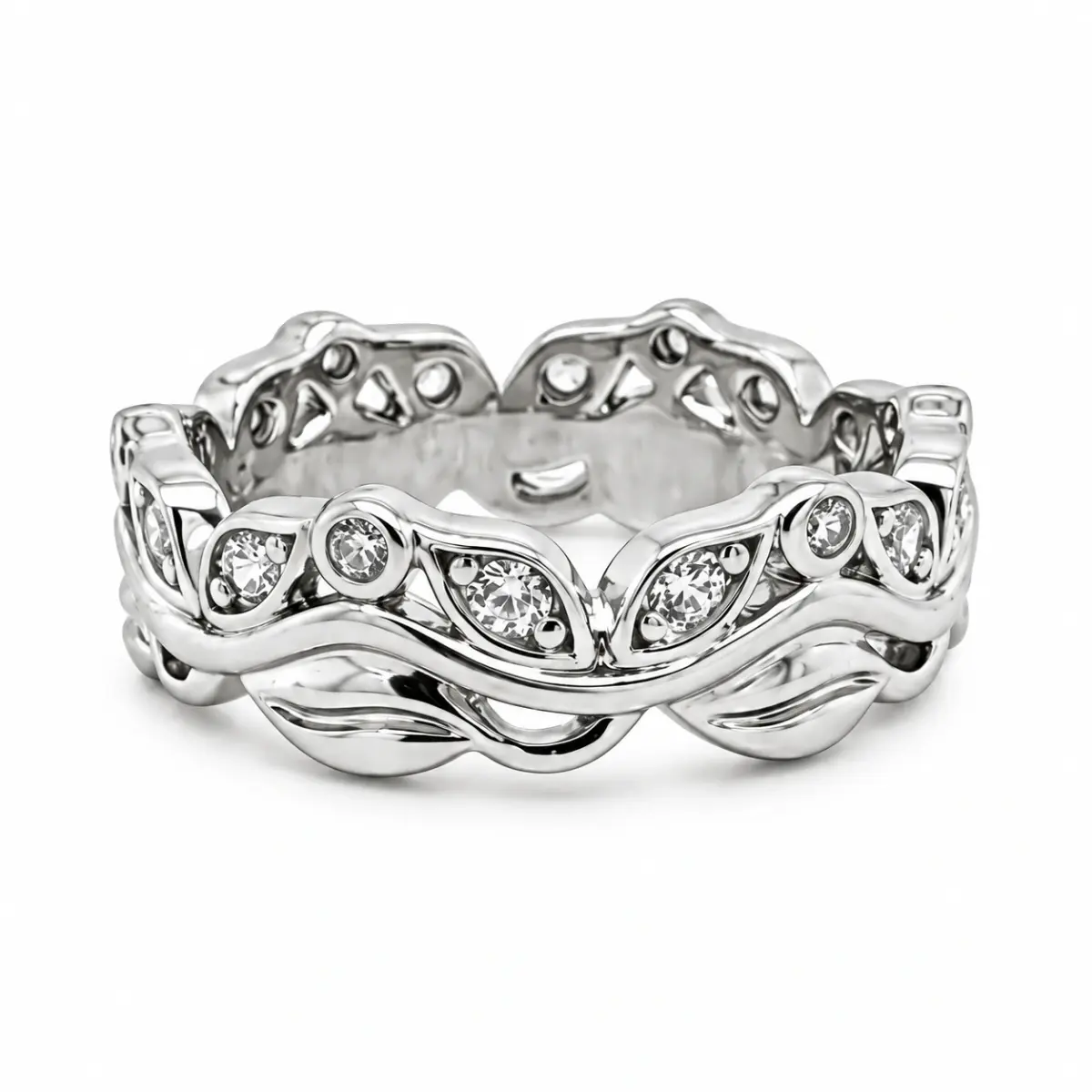 Sterling Silver Leaf Design Ring with Round Cut Cubic Zirconia – Vine Style CZ Band - PT1639
