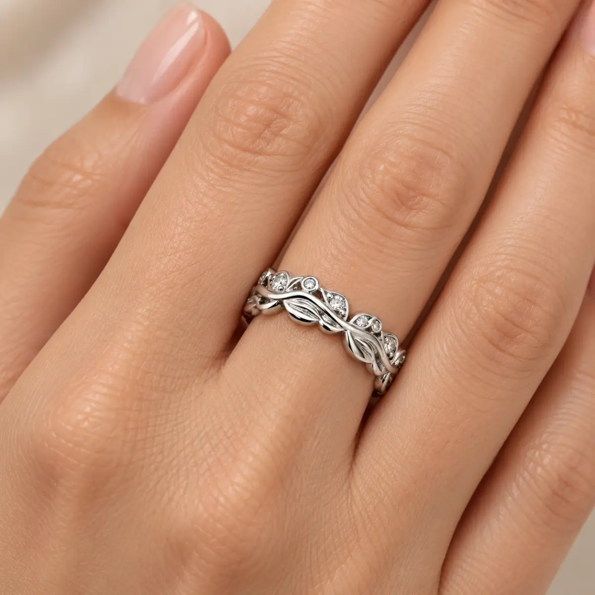 Sterling Silver Leaf Design Ring with Round Cut Cubic Zirconia – Vine Style CZ Band - PT1639