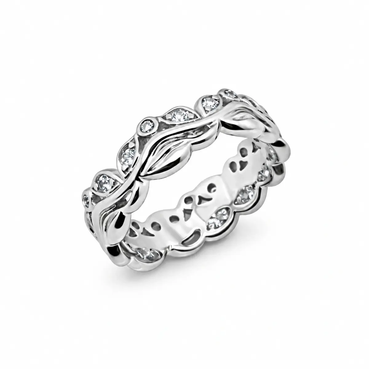 Sterling Silver Leaf Design Ring with Round Cut Cubic Zirconia – Vine Style CZ Band - PT1639