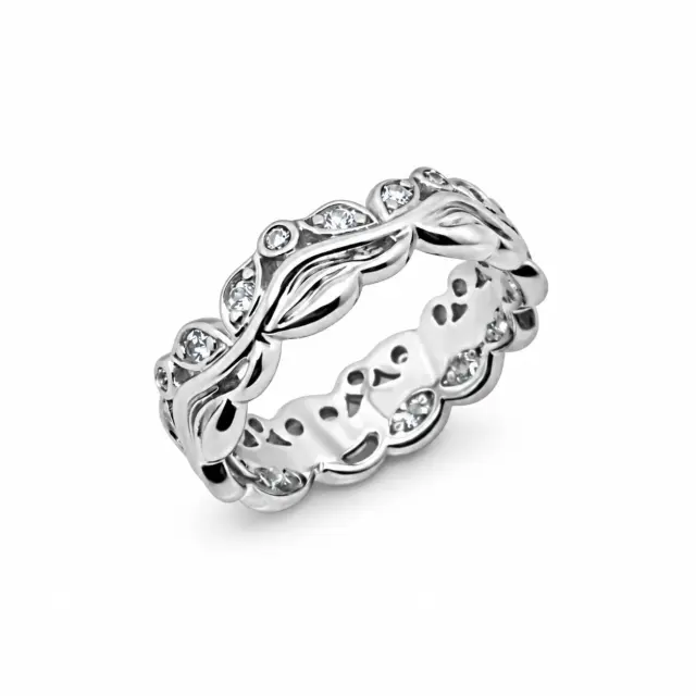 Sterling Silver Leaf Design Ring with Round Cut Cubic Zirconia – Vine Style CZ Band - PT1639