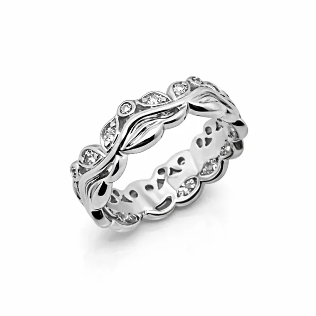 Sterling Silver Leaf Design Ring with Round Cut Cubic Zirconia – Vine Style CZ Band - PT1639