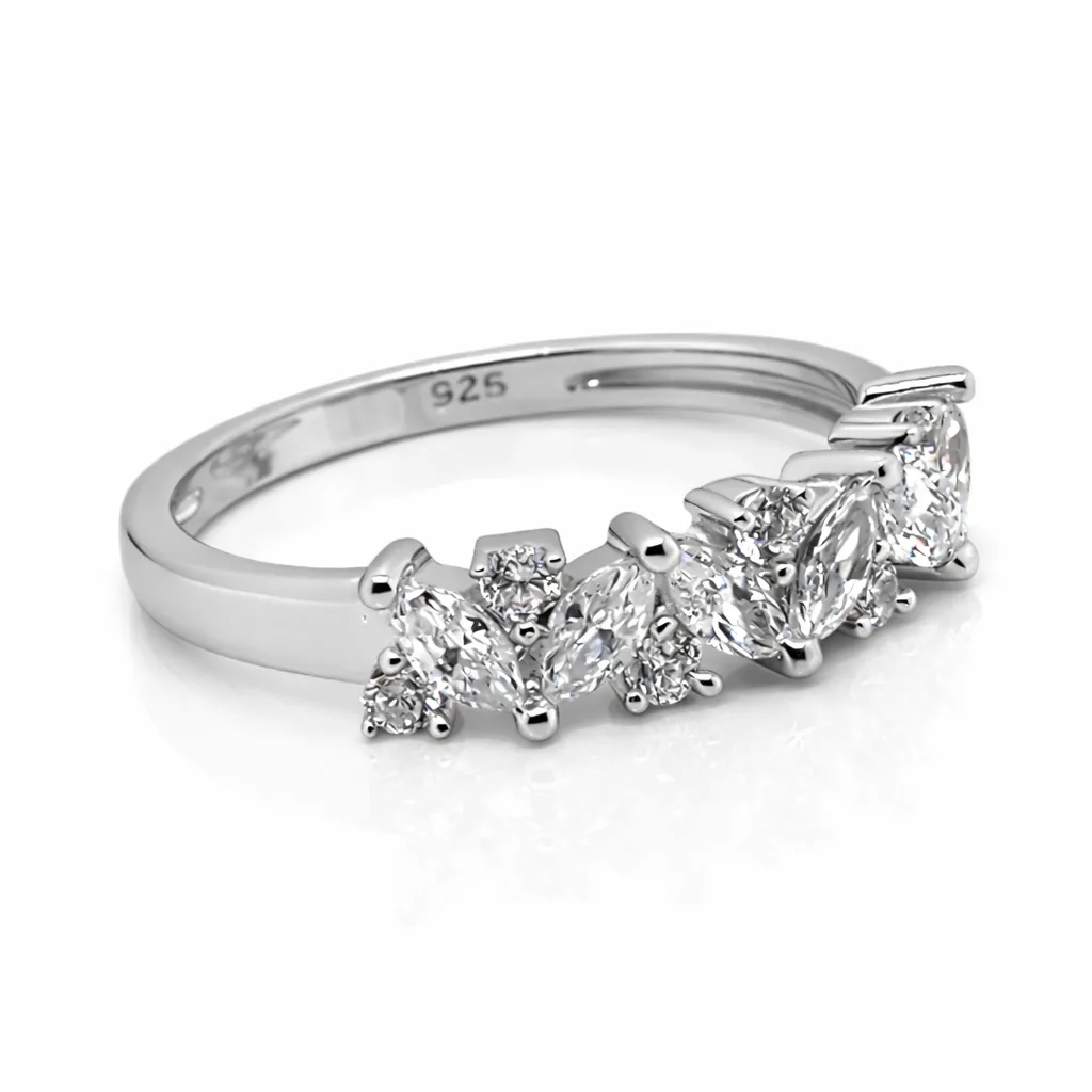 Sterling Silver Marquise & Round Cut Cubic Zirconia Ring – Elegant Multi Stone CZ Band - PT1820