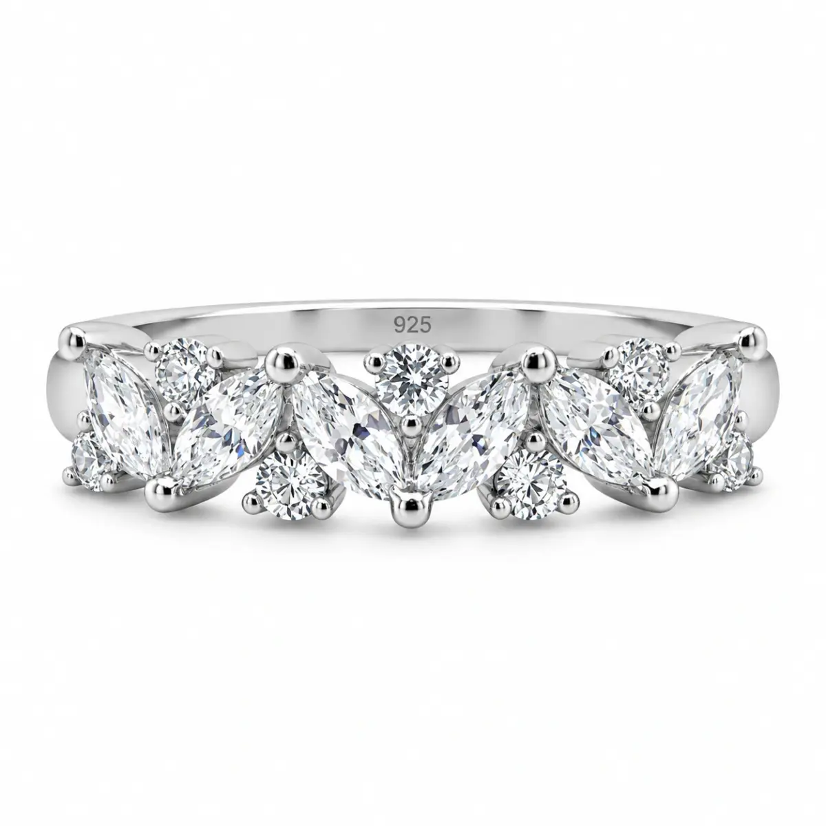 Sterling Silver Marquise & Round Cut Cubic Zirconia Ring – Elegant Multi Stone CZ Band - PT1820
