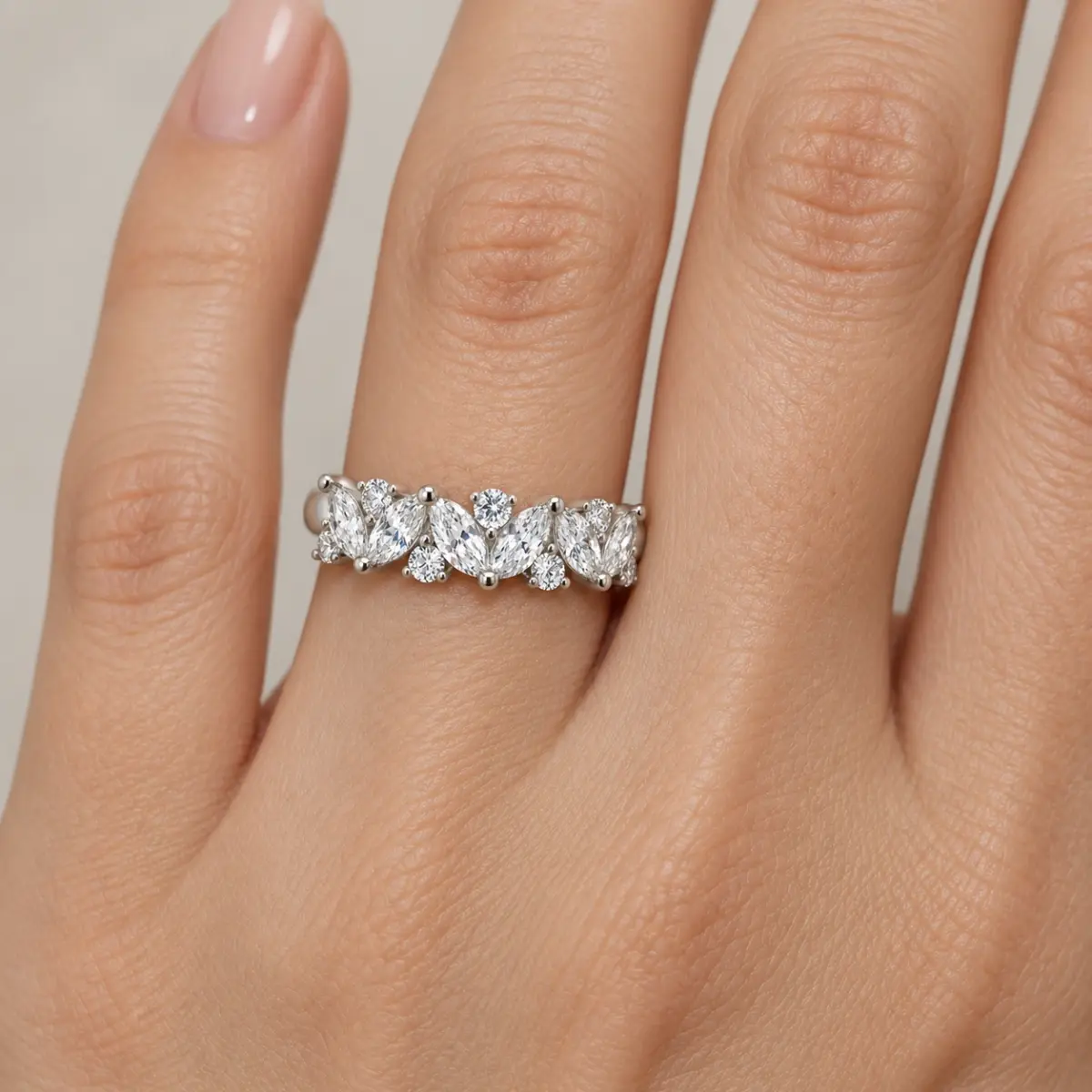 Sterling Silver Marquise & Round Cut Cubic Zirconia Ring – Elegant Multi Stone CZ Band - PT1820