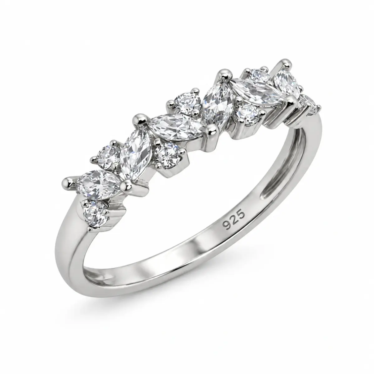 Sterling Silver Marquise & Round Cut Cubic Zirconia Ring – Elegant Multi Stone CZ Band - PT1820