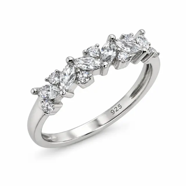 Sterling Silver Marquise & Round Cut Cubic Zirconia Ring – Elegant Multi Stone CZ Band - PT1820
